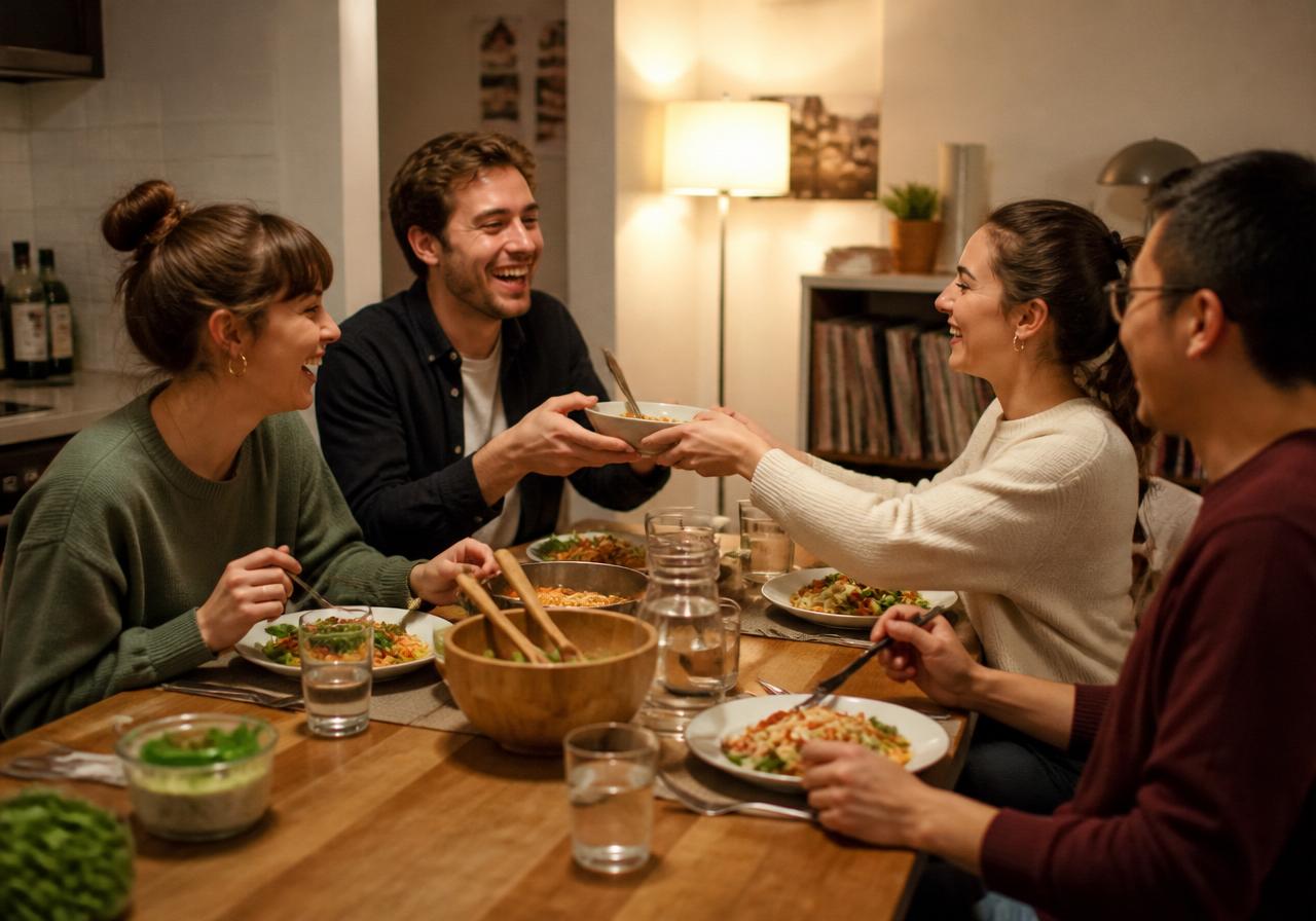 Four friends in their twenties sharing a relaxed evening meal at a wooden kitchen table, passing a bowl and laughing under warm lamp light.