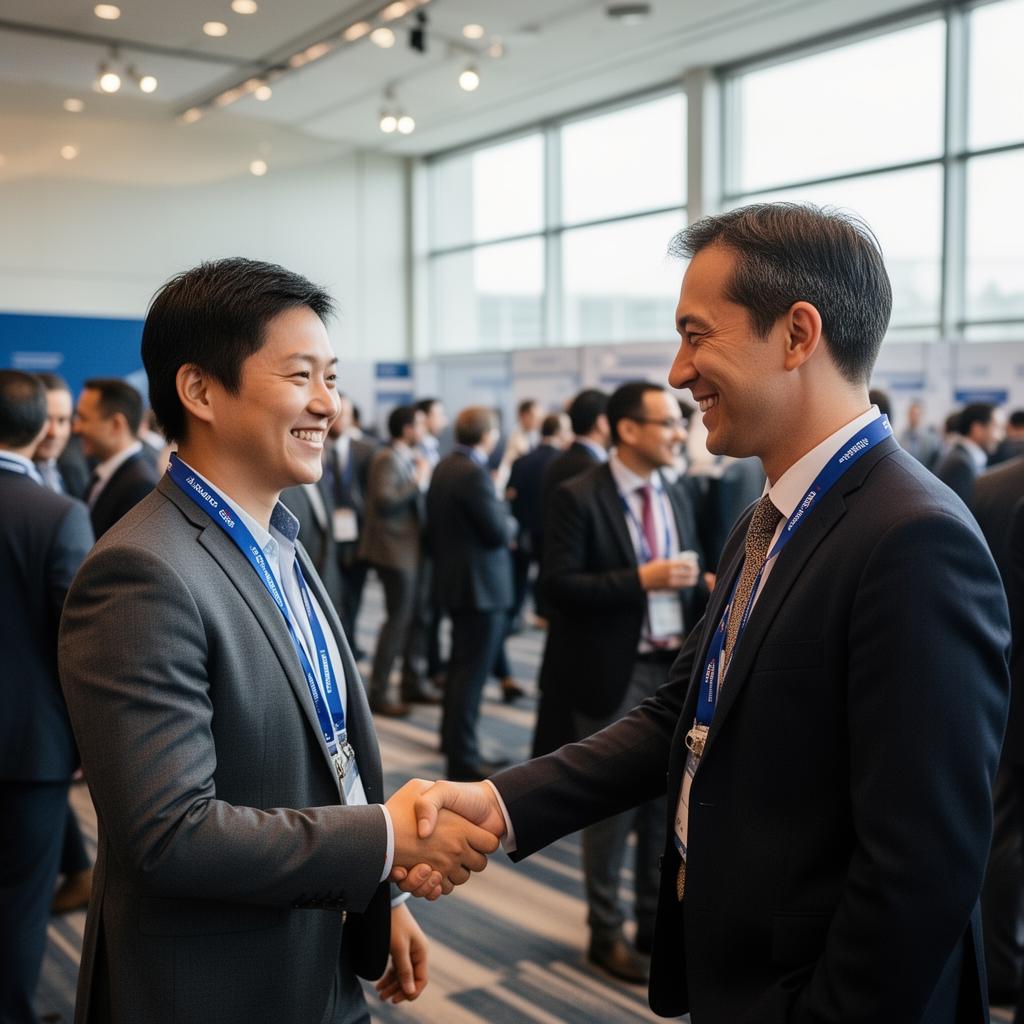 Two colleagues introducing themselves at a busy professional conference, shaking hands and smiling.