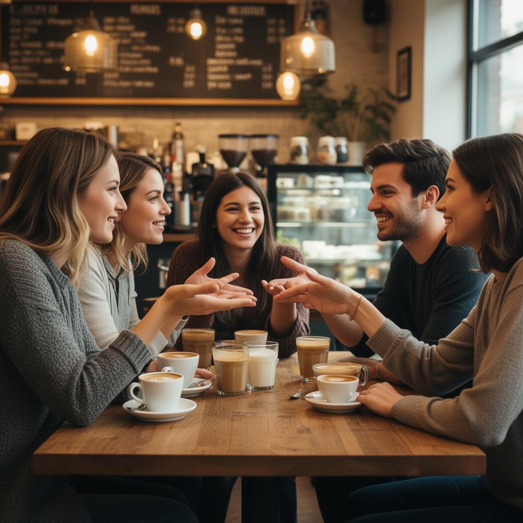 A small group of friends meeting in a coffee shop, smiling and talking around a wooden table with drinks.