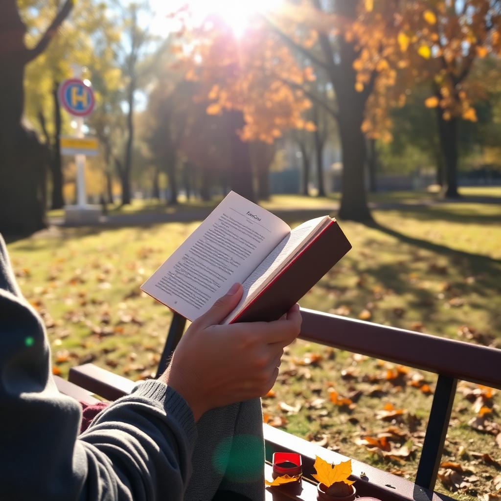 A person reading a book on a park bench in autumn