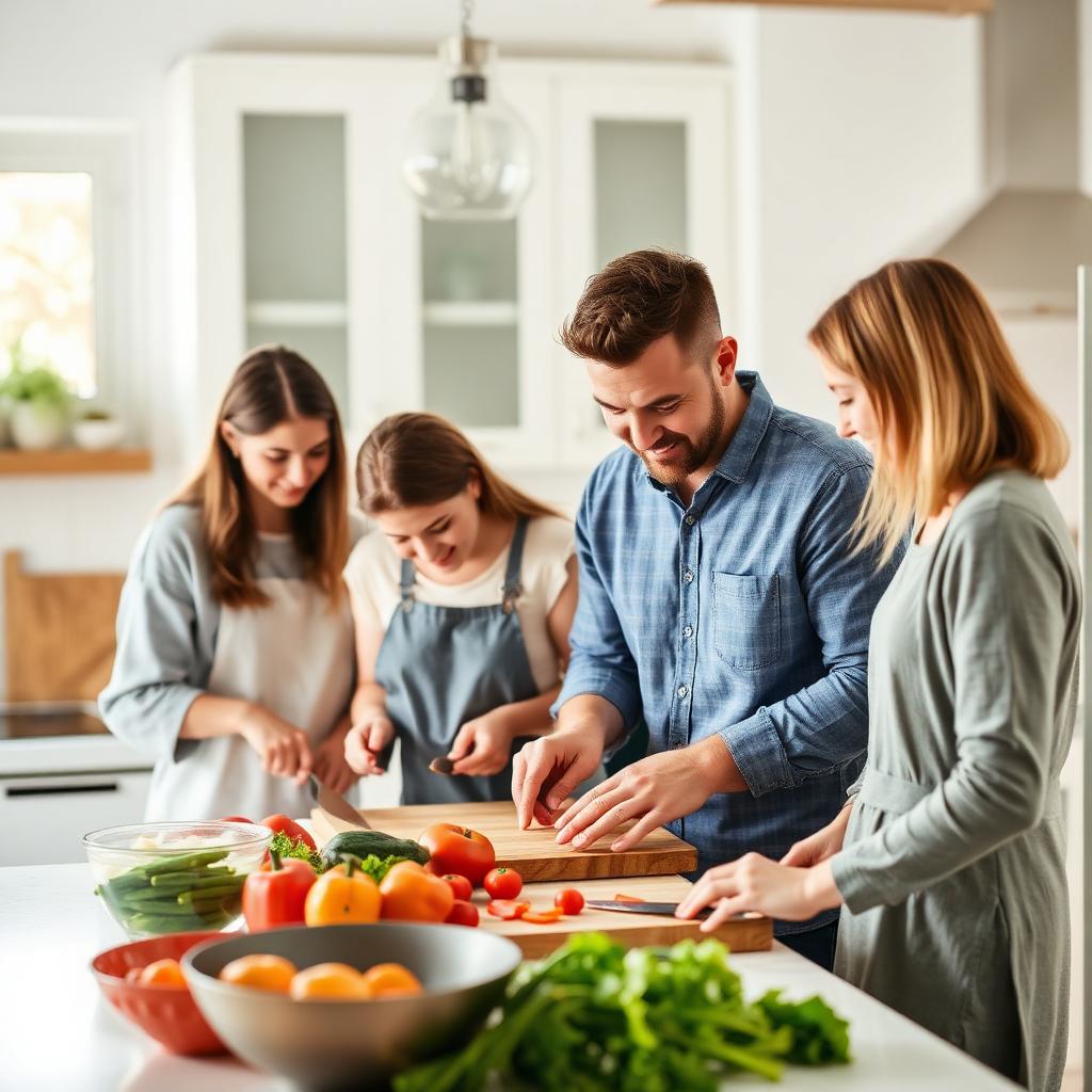 A family cooking together in a bright kitchen