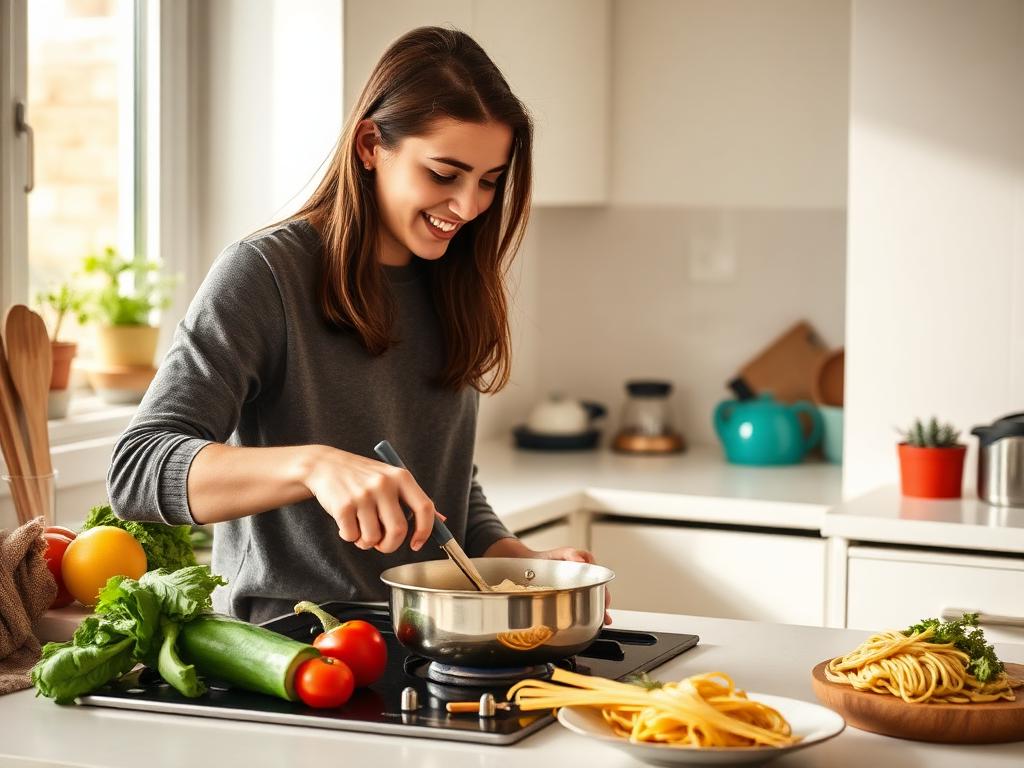 A young woman cooking a meal in a bright modern kitchen with fresh vegetables and pasta on the counter.
