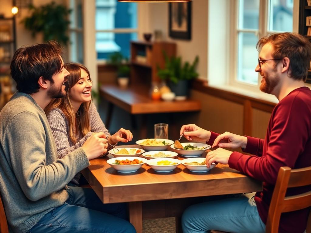 Three friends sitting around a wooden table sharing a casual meal and laughing together.