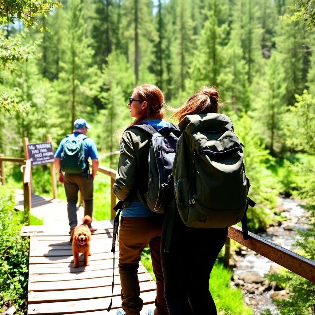 Two friends hiking with a dog on a wooden footbridge in a green forest.
