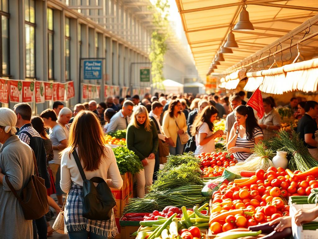 Shoppers browsing stalls at a busy outdoor farmers market on a sunny day