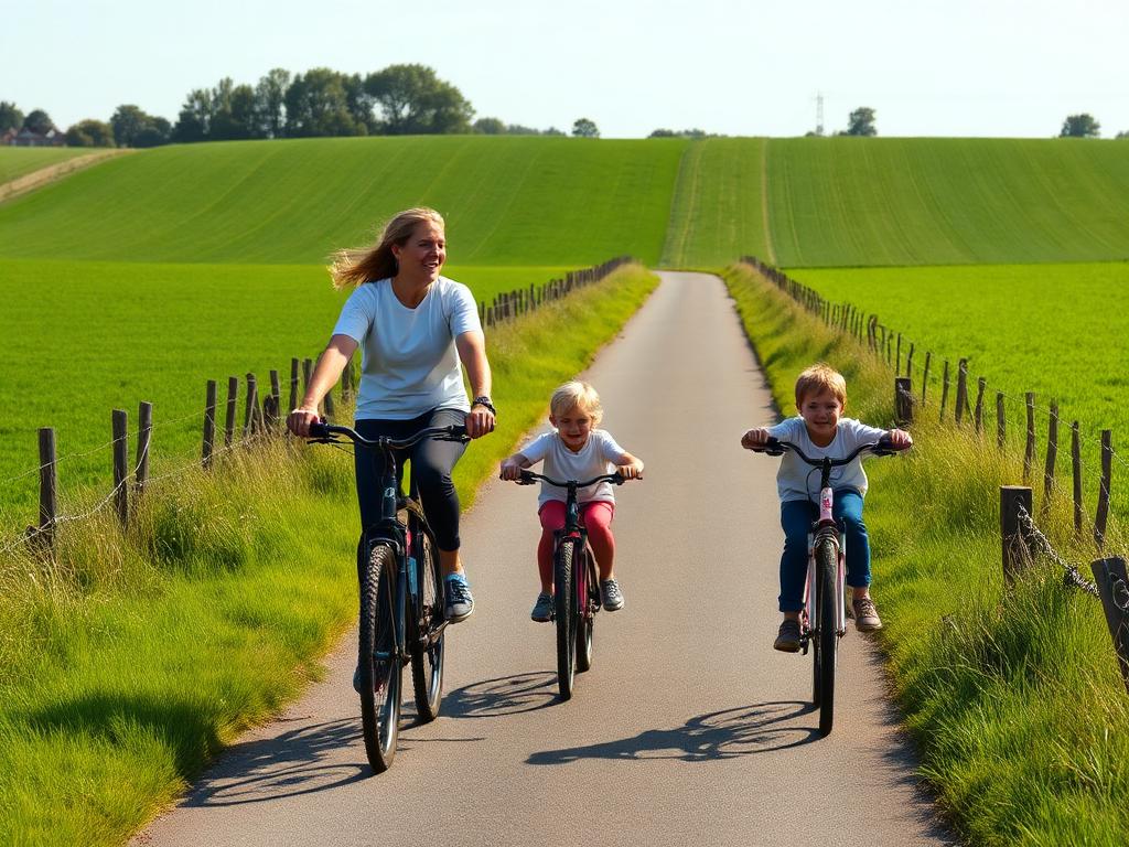 A family cycling together along a country path on a sunny afternoon