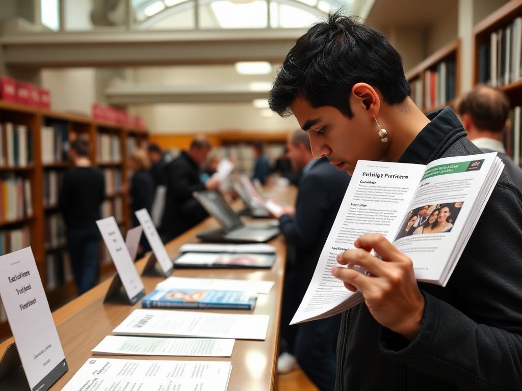 A person reading a leaflet at a library information desk