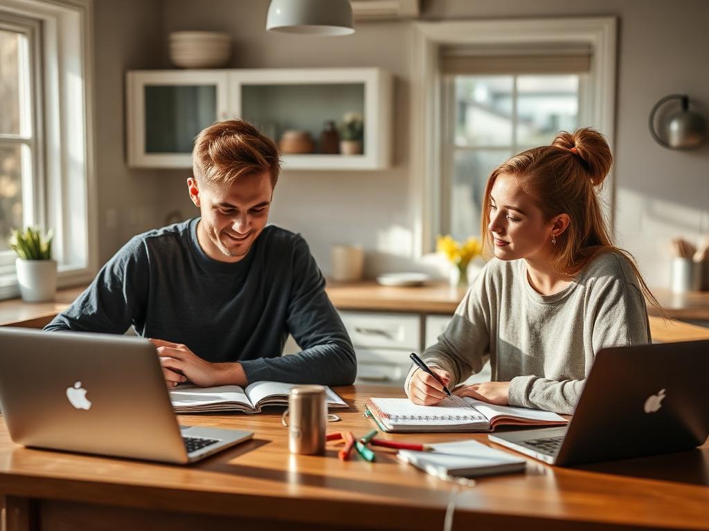 Two people studying together at a kitchen table with notebooks and laptops