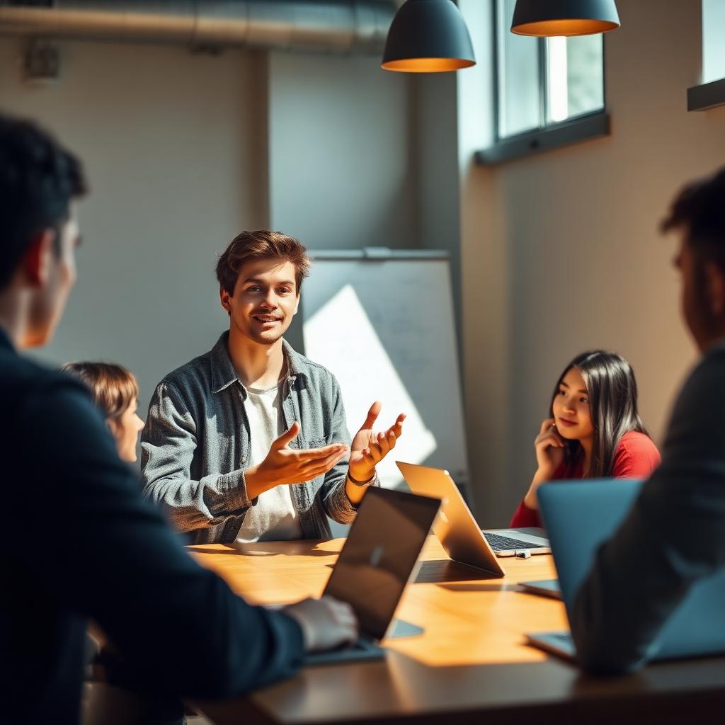 A young adult giving a short presentation to peers around a table in a coworking space, laptops open, whiteboard behind.