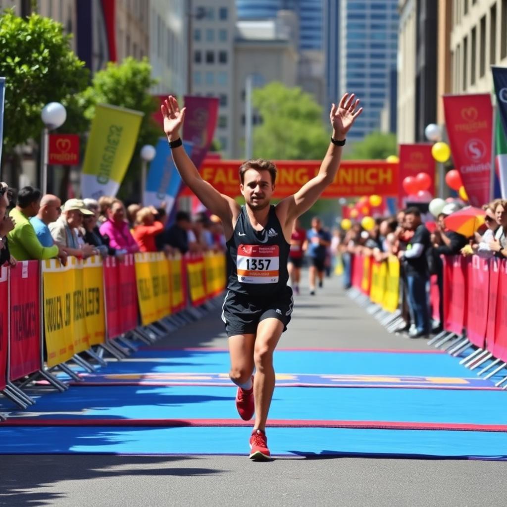 A runner crossing the finish line of a city half-marathon with arms raised, crowd cheering behind barriers.