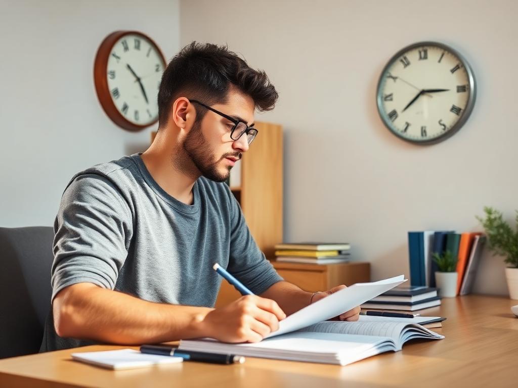 An adult checking the time while studying at a desk