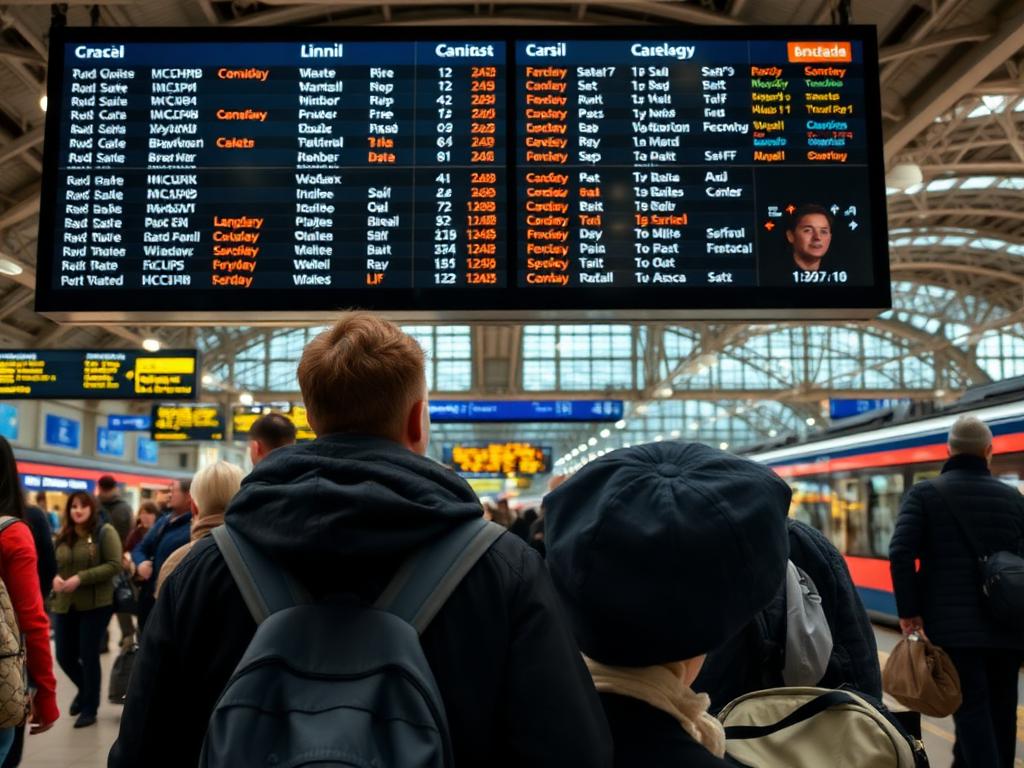 Travellers reading a departures board at a station