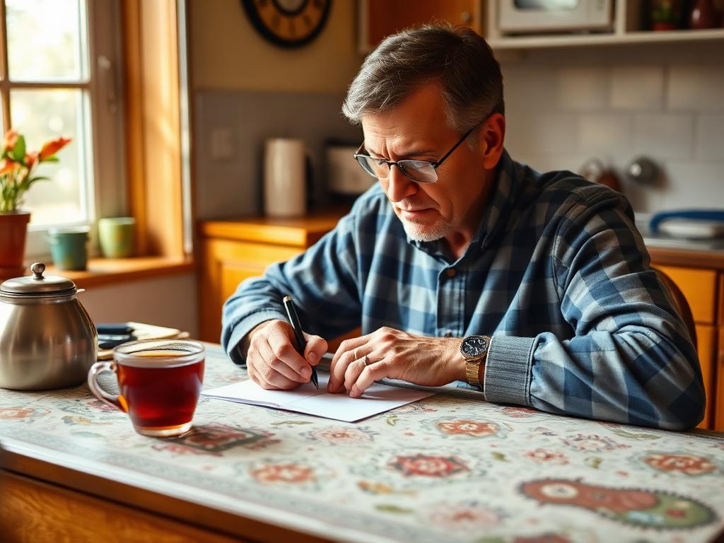 Someone writing a postcard at a kitchen table