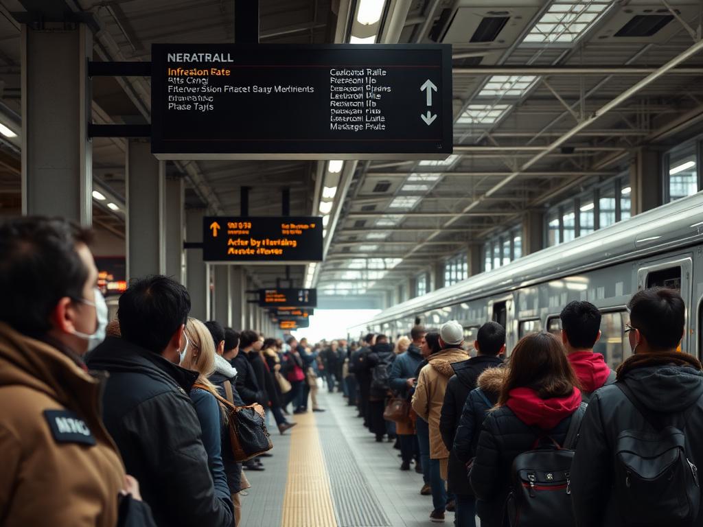 A busy train station with a large departures and announcement board
