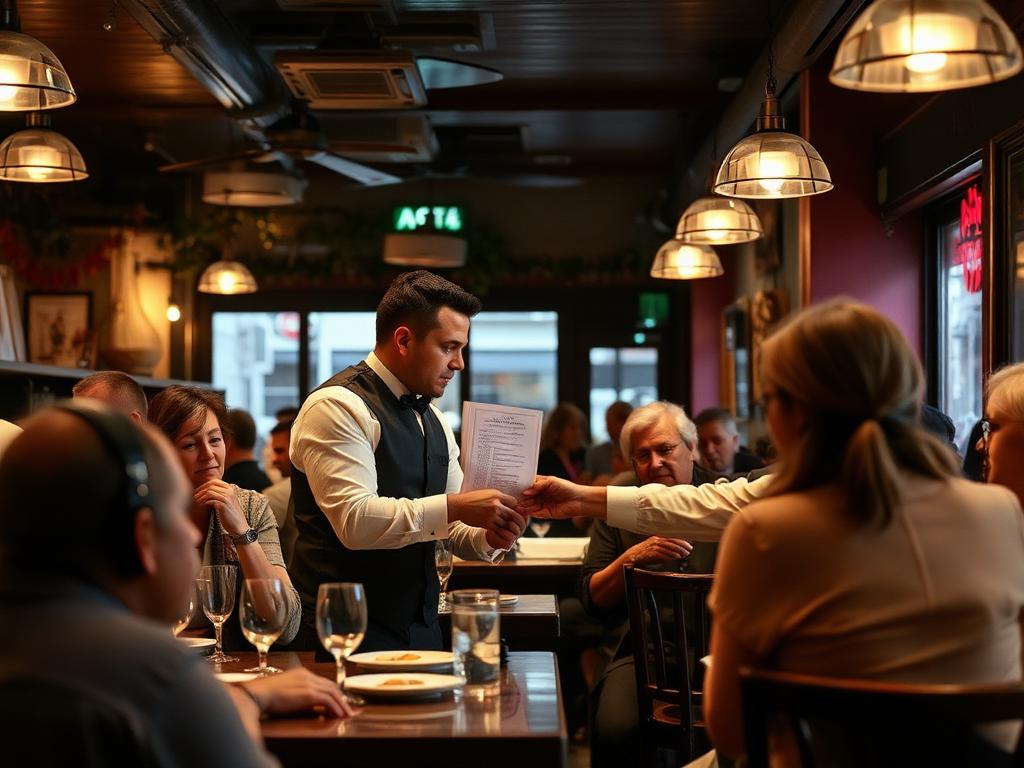 A waiter taking an order in a busy restaurant