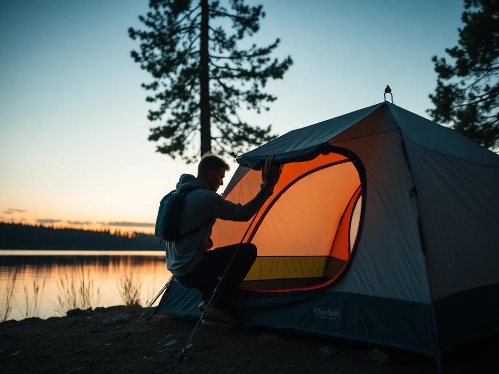 A campsite beside a lake with tents and people relaxing