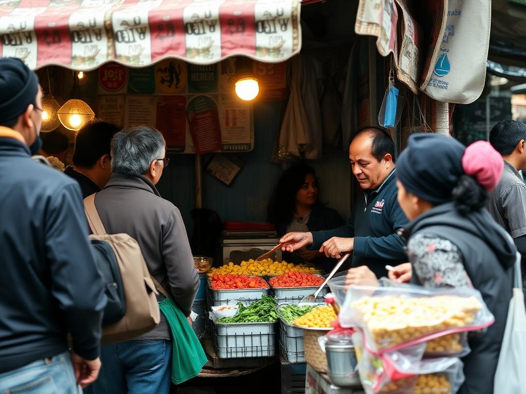 A street food market stall with a vendor serving customers
