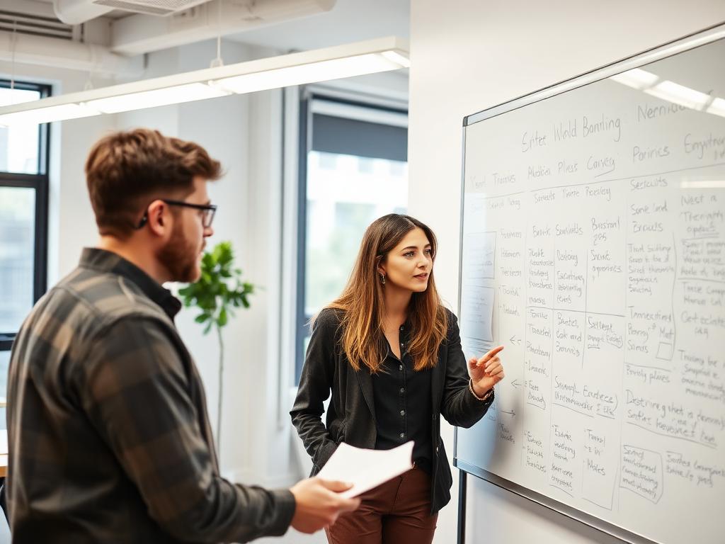 Two colleagues discussing ideas at a whiteboard in an office