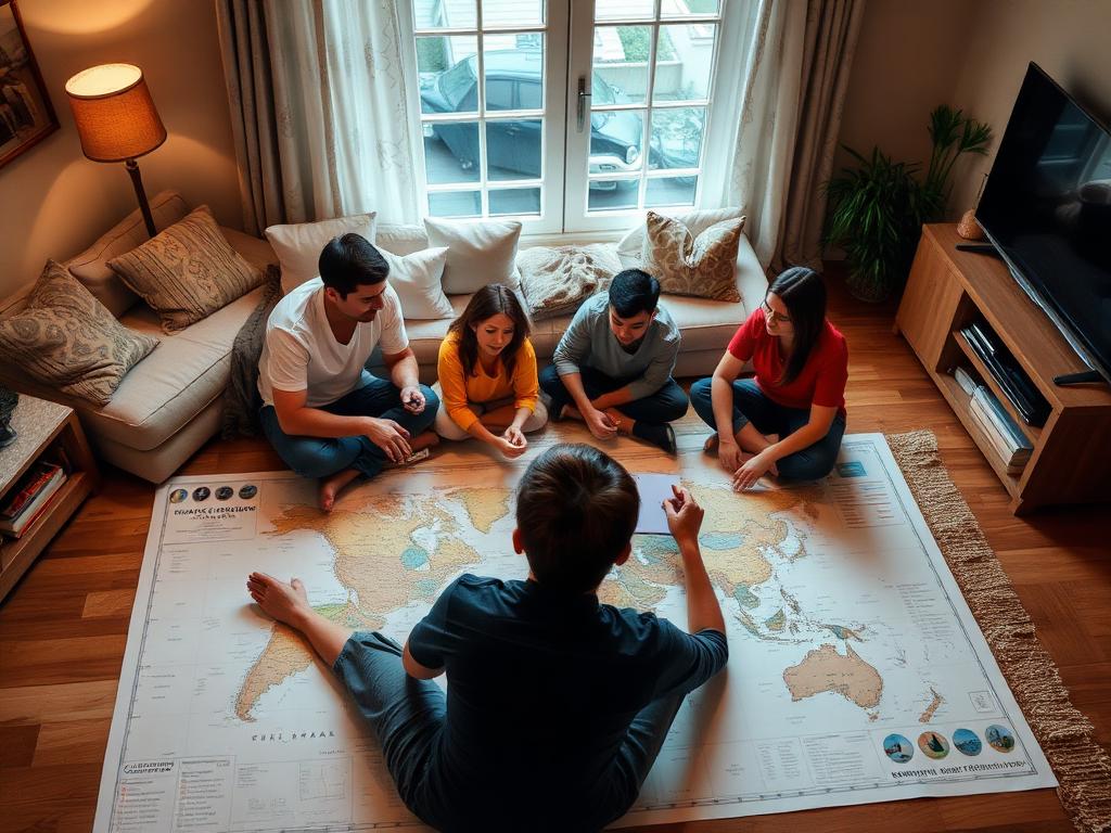 A family planning a trip around a map at home