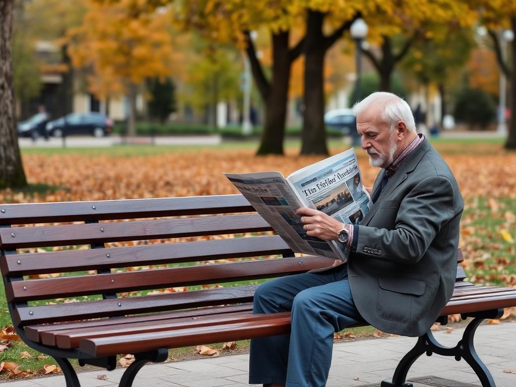 A person reading a newspaper on a park bench