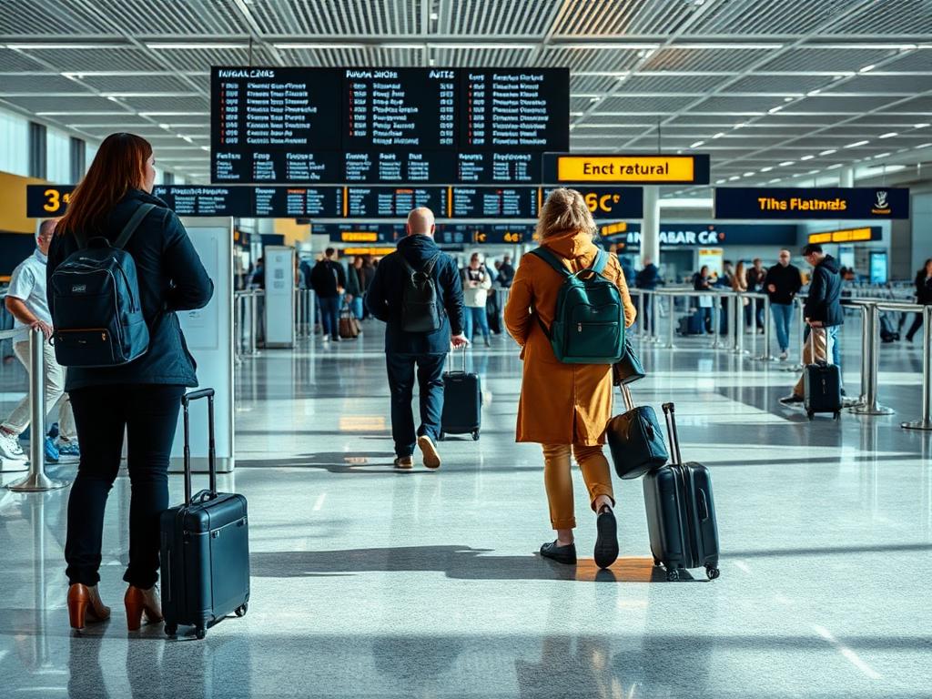 Passengers reading information signs in an airport