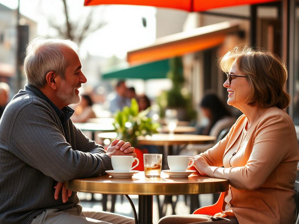 Two adults chatting at an outdoor café table
