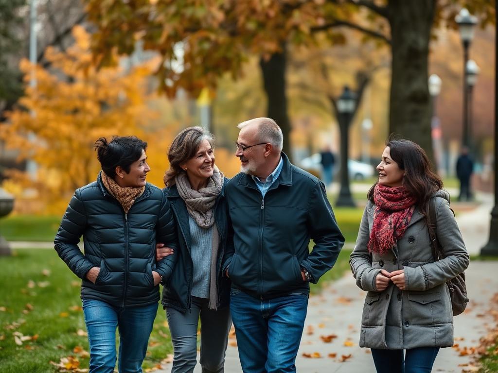 A group of friends walking and talking together in a park