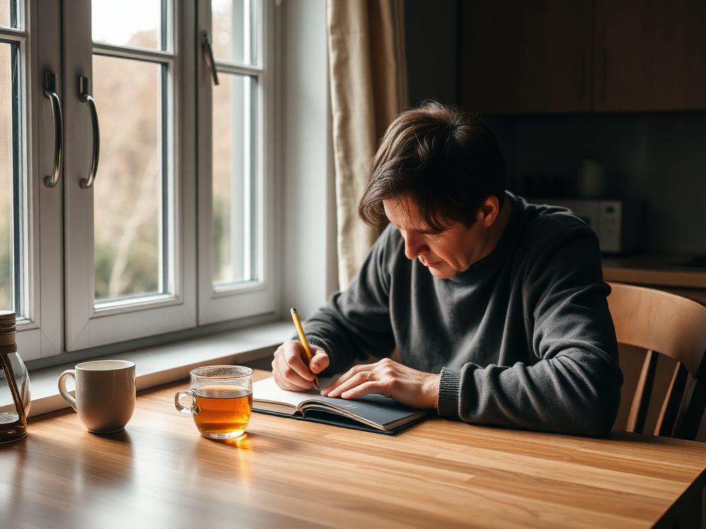 An adult writing in a notebook at a kitchen table
