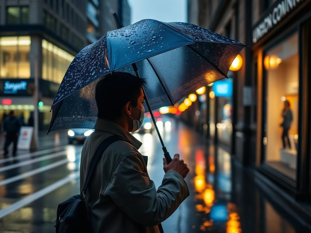 A person waiting on a rainy city street with an umbrella