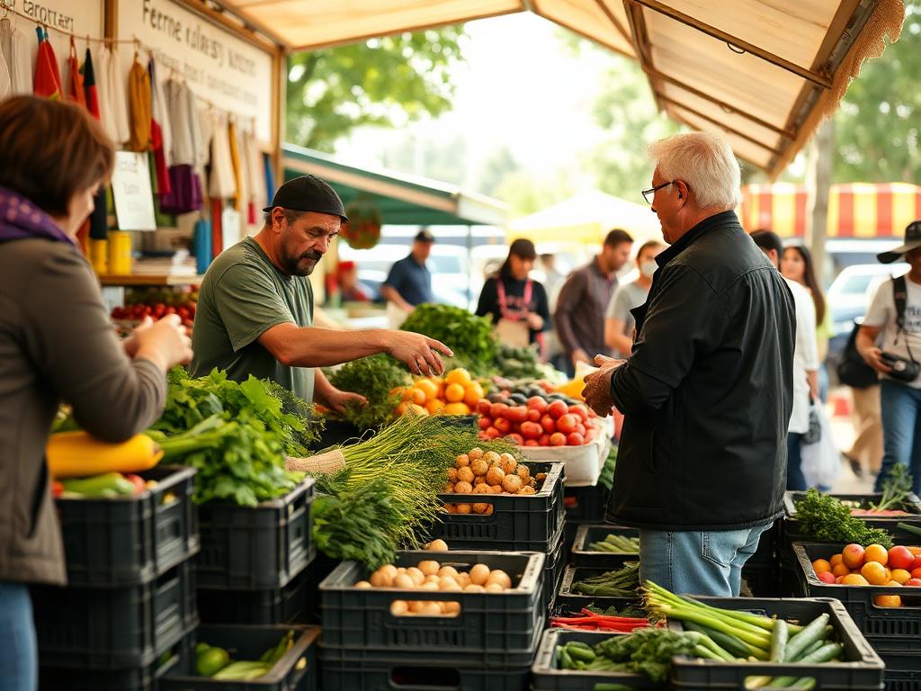 A busy outdoor farmers' market stall with a vendor serving customers