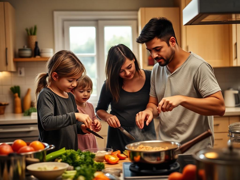 A family cooking dinner together in a home kitchen
