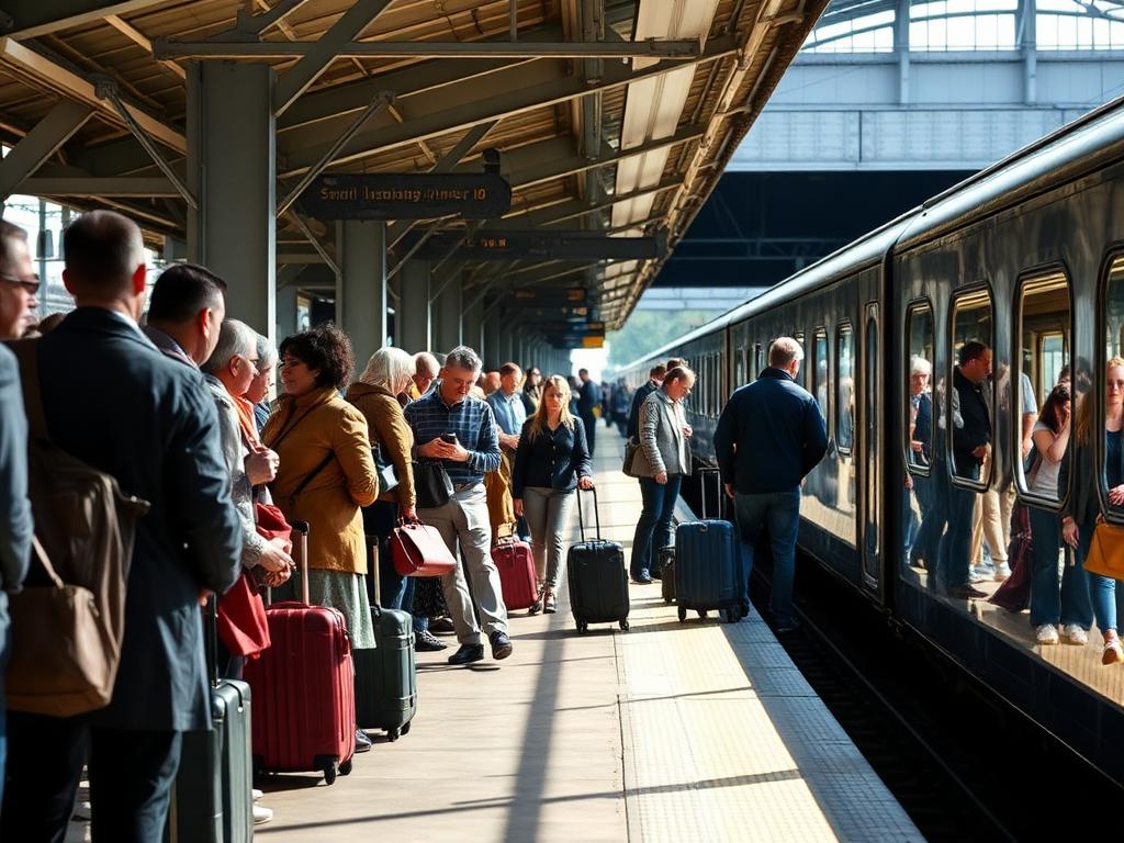 Passengers waiting on a busy train station platform
