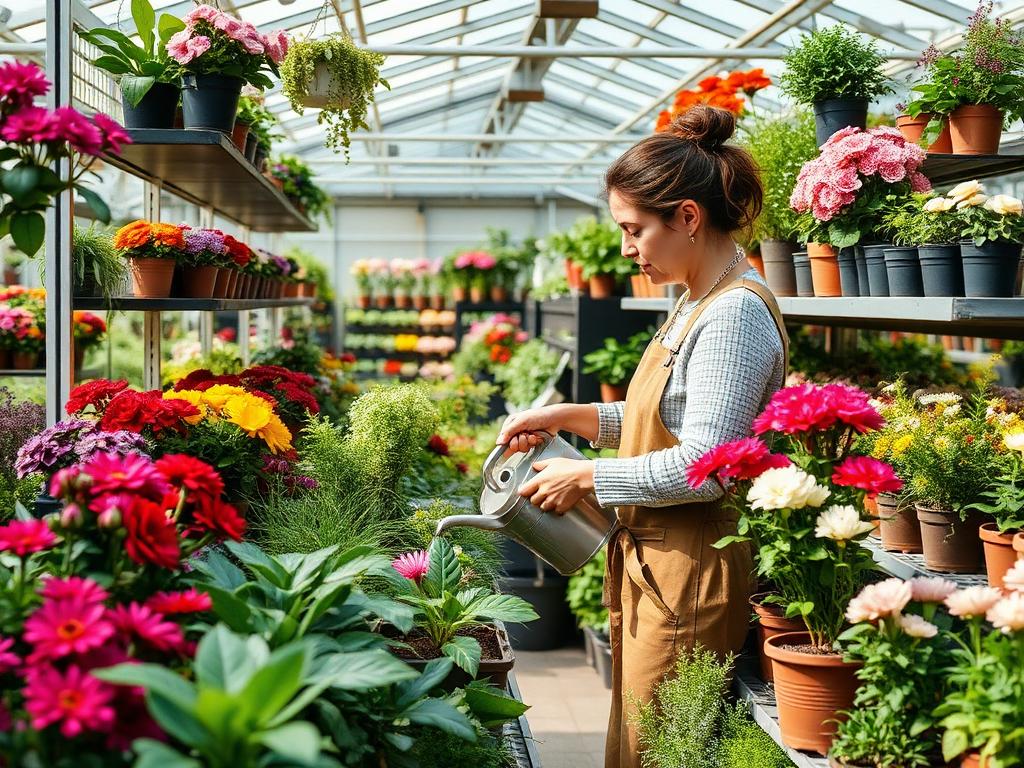 A woman working among plants in a garden centre