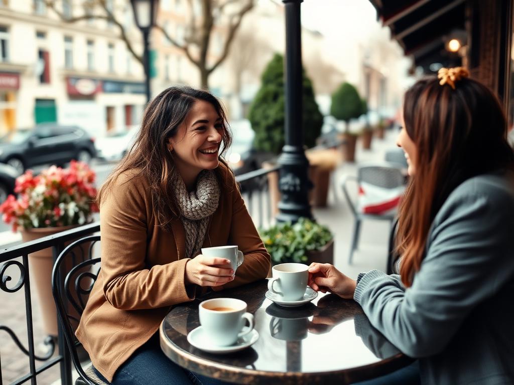 Friends chatting and laughing over coffee at an outdoor café table
