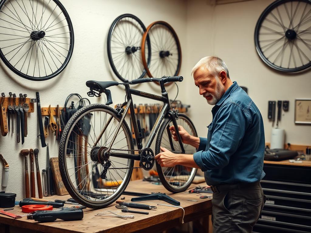 A man repairing a bicycle in a workshop surrounded by tools